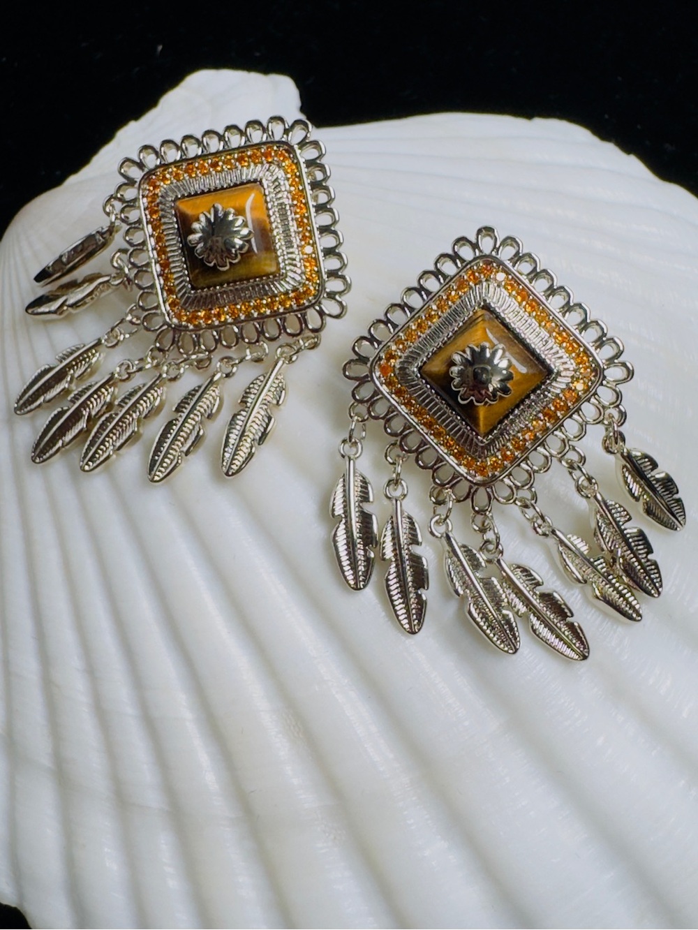 Tiger’s Eye CZ Feather Statement Drop Earrings - Picture 7 of 7